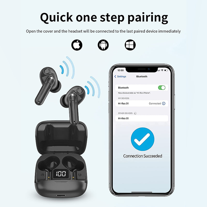 Hifi stereo LED display wireless earphone waterproof